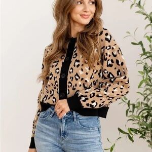 Skies Are Blue Tan and Black Leopard Bomber Jacket